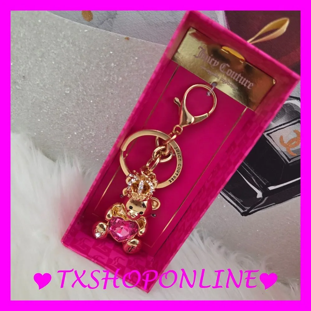 🧸👑Juicy Couture Teddy Bear with Pink Heart Gem Bag Charm Keychain🧸👑